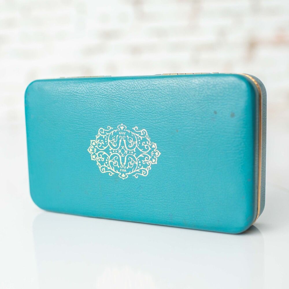 Vintage Farrington Jewelry Box Turquoise Blue Gold Trim Pink Satin Velvet Case